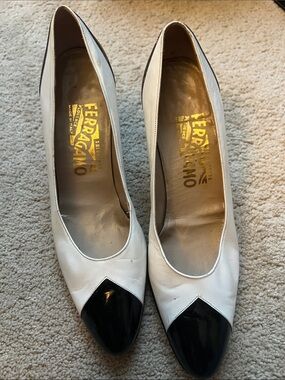 Salvatore Ferragamo White Leather Pumps with Black Cap Toe